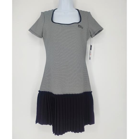 Karl Lagerfeld Paris Striped Knit Pleated Hem Dress Black White XS NWT - Picture 2 of 15